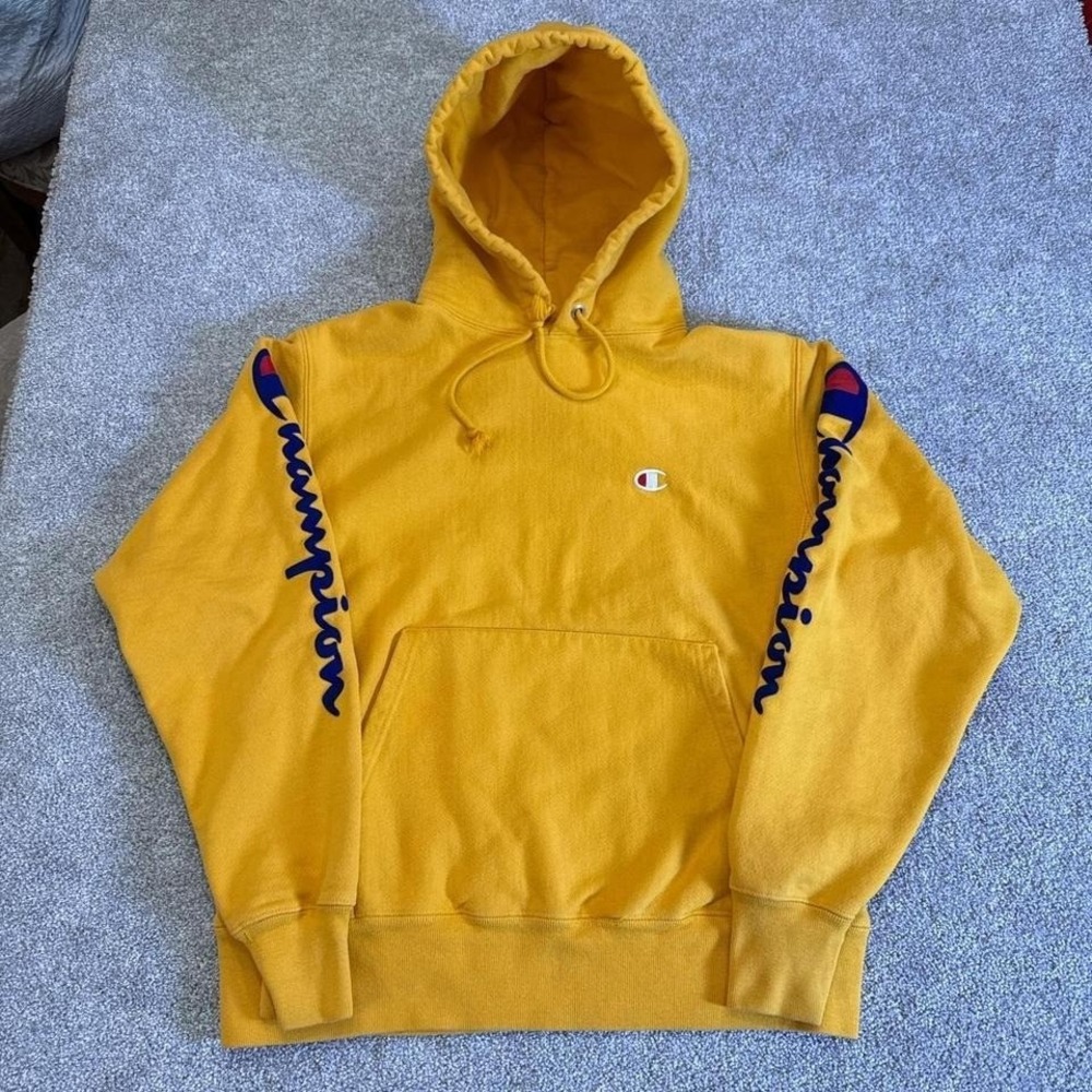 2000s Champion Reverse Weave Yellow Hoodie Blue Hits Size S